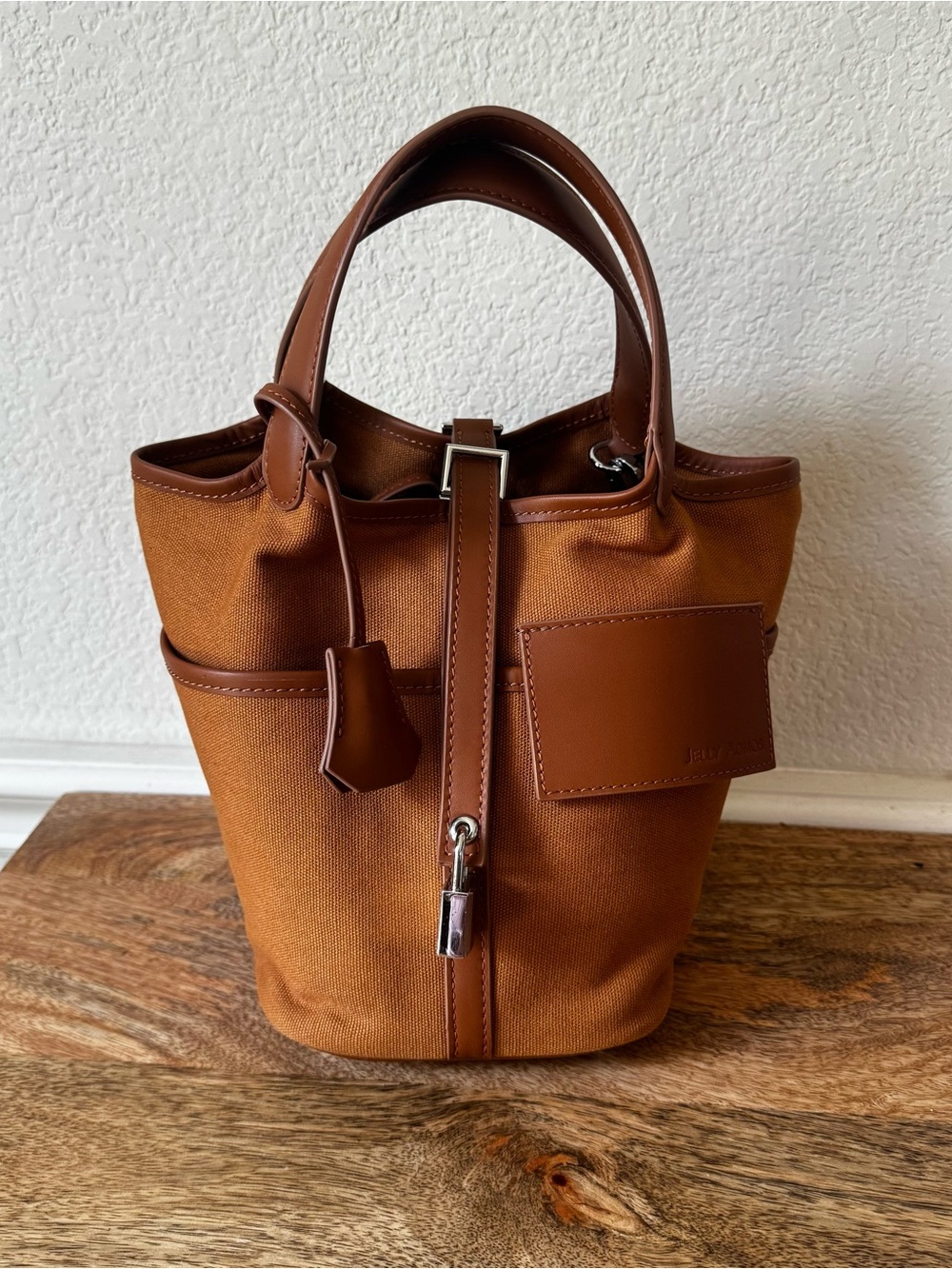 Gold Tan Brown Canvas Toile Pocket Cargo Basket Bag